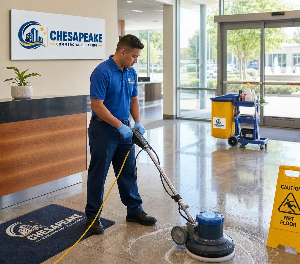 Uniformed janitorial technician cleaning and disinfecting a commercial lobby entryway with floor-care equipment and safety signage