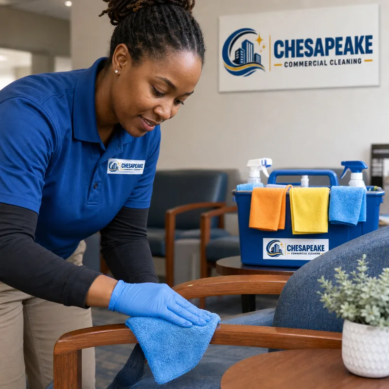 Cleaner wiping waiting room chair arms with color-coded microfiber cloths nearby