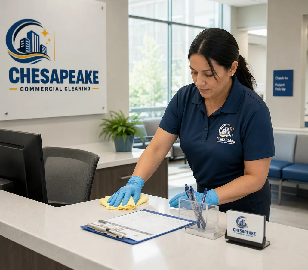 Cleaning professional wiping a medical reception counter and high-touch check-in surfaces in a modern clinic lobby