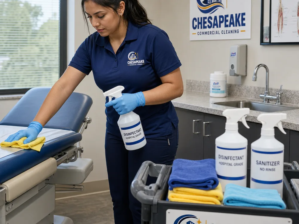 Cleaner disinfecting exam room high-touch points with labeled products and color-coded microfiber cloths