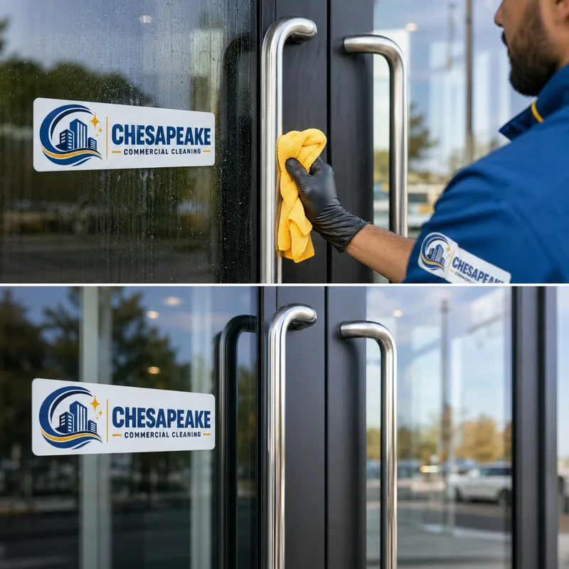 Retail entry doors with clear streak-free glass and freshly detailed high-touch handles