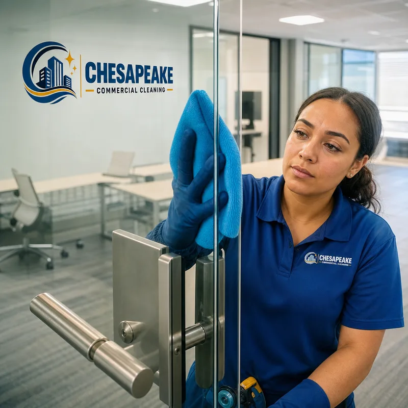 Streak-free dealership office glass wall and door with clean handles and push plates