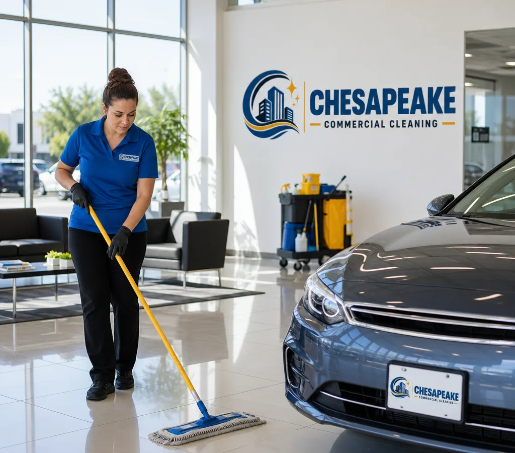 Bright spotless auto dealership showroom with glossy tile, streak-free glass, neat waiting-area seating, and a discreet janitorial cart