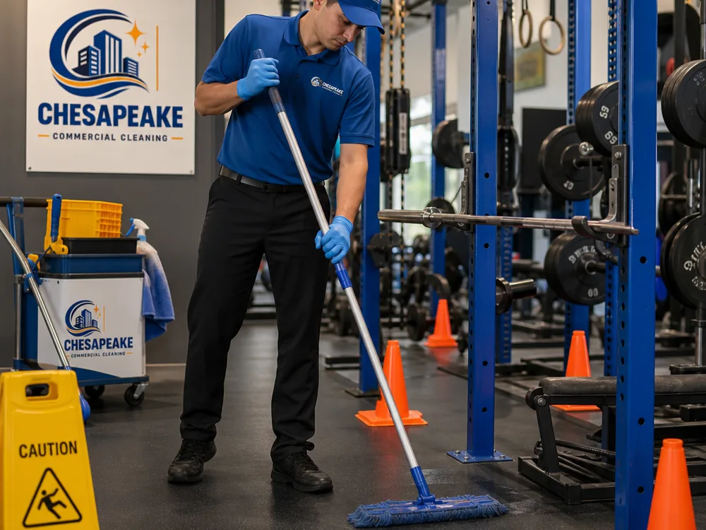Cleaner mopping rubber flooring and spot-cleaning around a gym squat rack with safety cones in place