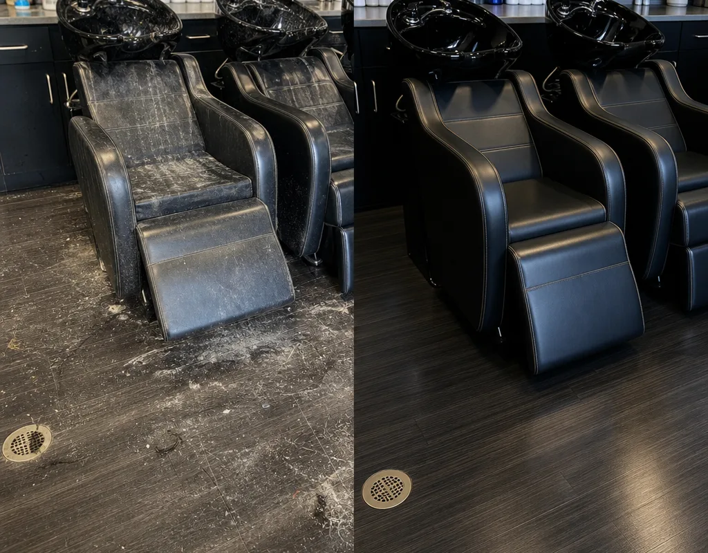 Shampoo station before and after cleaning with polished bowls and clean floors