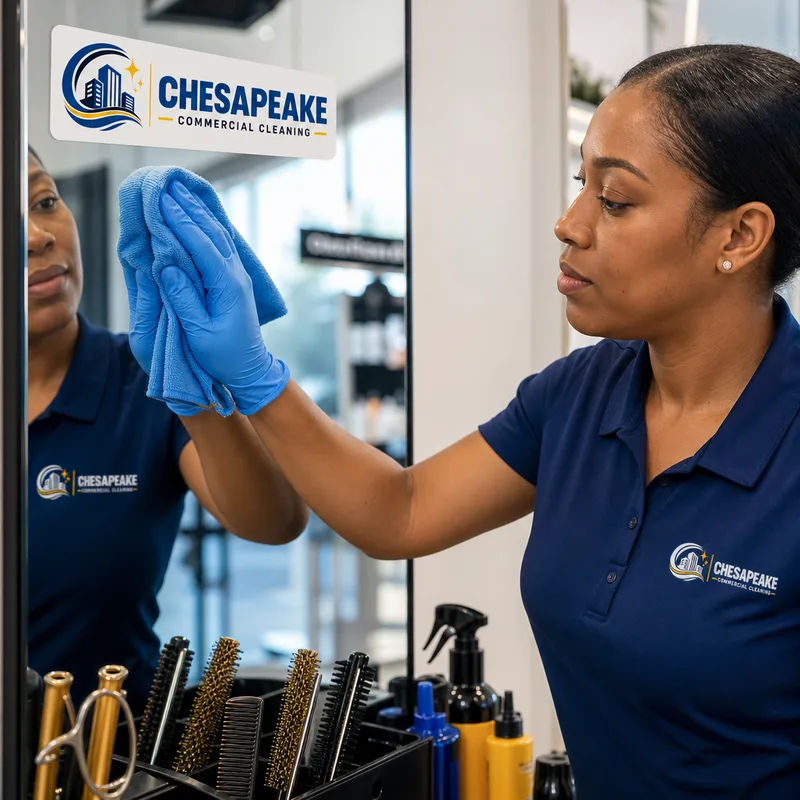 Cleaner polishing a salon mirror and workstation for a streak-free result