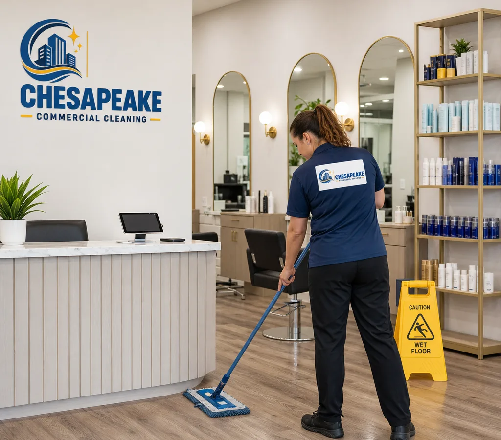 Bright immaculate salon reception with gleaming mirrors, clean floors, and tidy product shelves