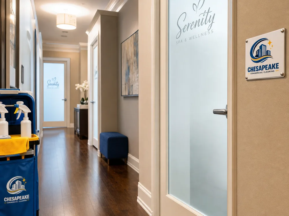 Clean spa hallway with spotless baseboards, floors, and treatment room glass