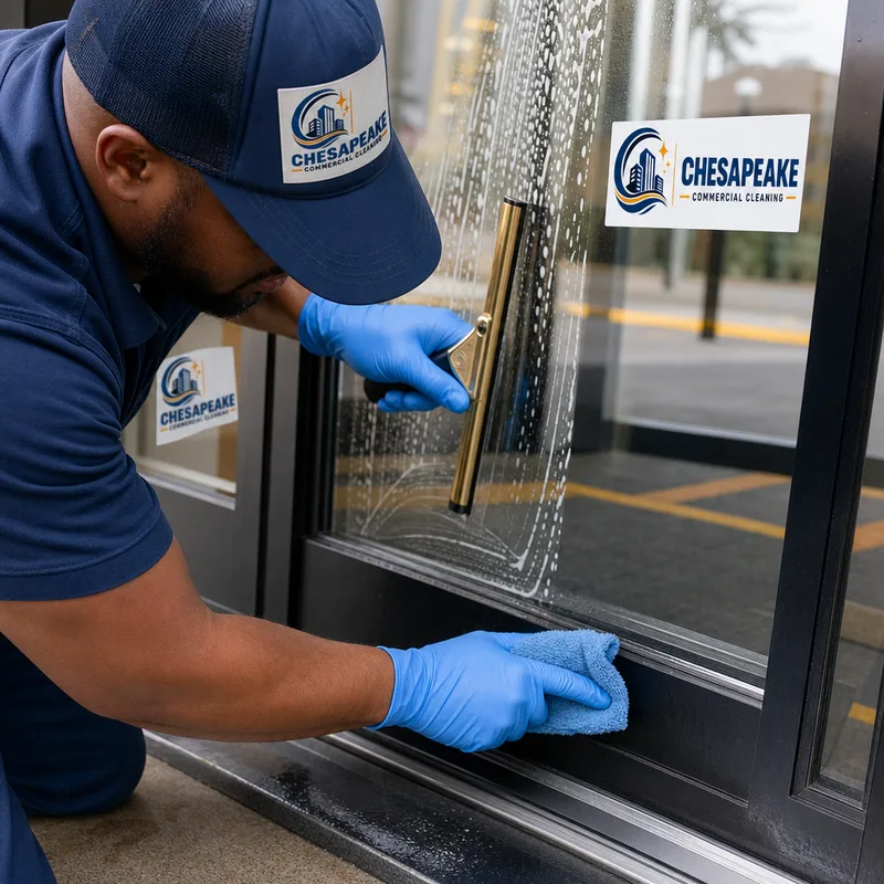 Technician detailing a commercial glass entry door with a squeegee and microfiber cloth