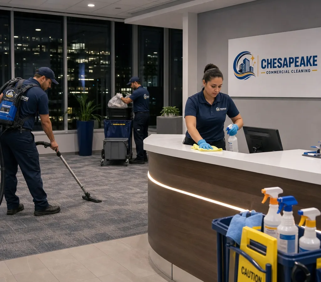 Professional team cleaning a Chesapeake office suite after hours