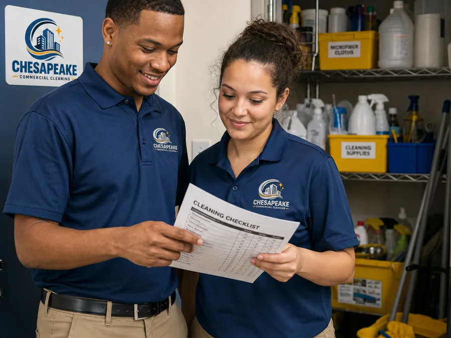 Two uniformed janitorial team members reviewing a printed cleaning checklist near labeled supplies