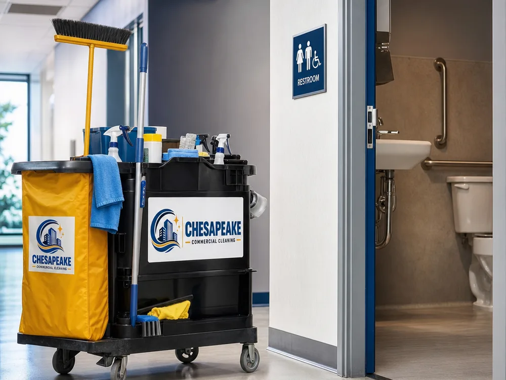 Clean commercial hallway and restroom entry with a neatly staged stocked janitorial cart